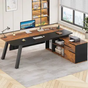 Sedeta 71" Modern L-Shaped Executive Desk - Engineered Wood Office Furniture with Large Surface, Storage Drawers, File Cabinet, Shelves, Built-In Outlets, Steel Legs, Multi-Monitor Fit for Home Office Workstations