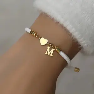Women's Retro Adjustable Rope Copper Bracelet - Initial Heart Charm, Letter Link Design, Fashion Jewelry Accessories for Daily Wear