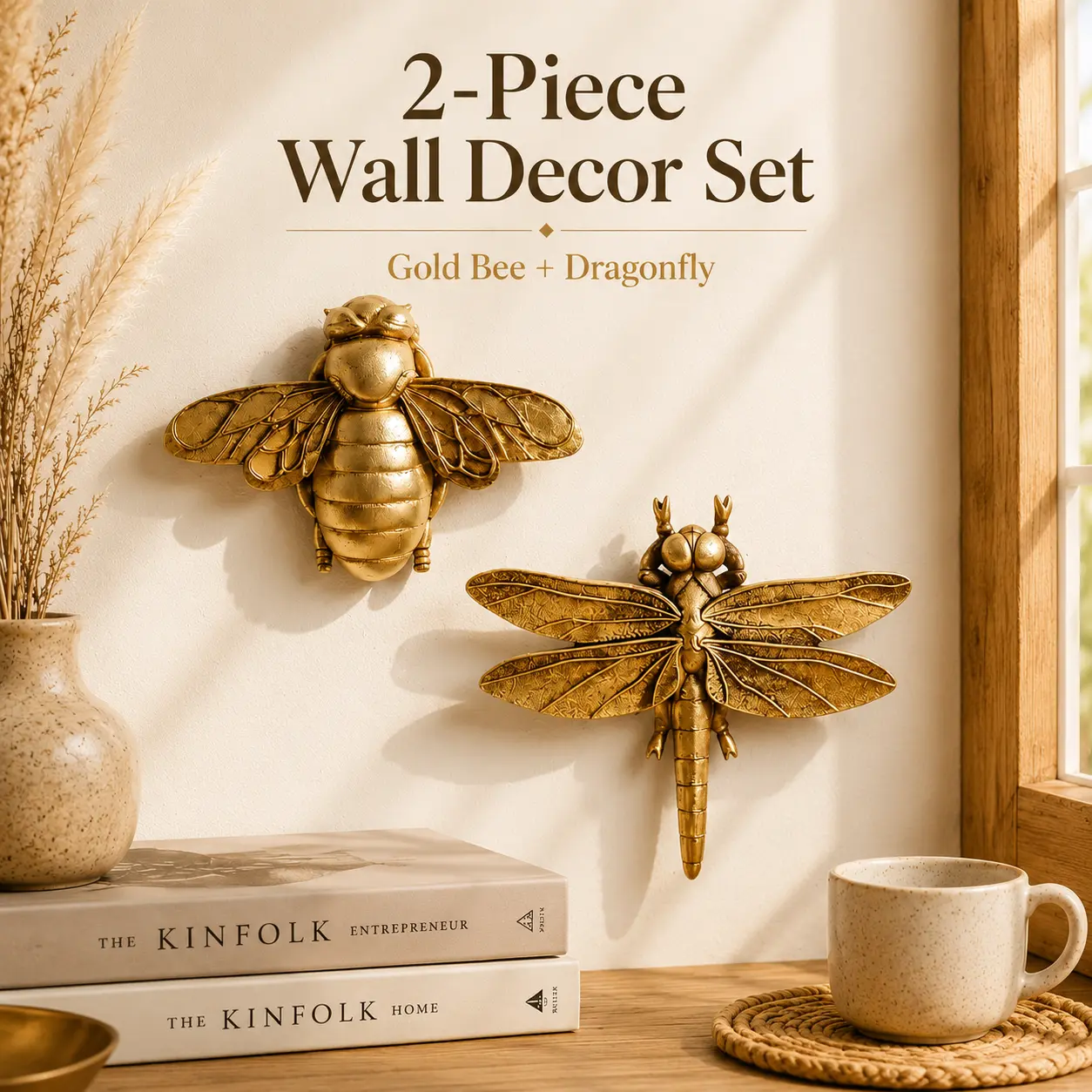 2PC Metallic Gold Insect Resin Hanging Wall Decor - Artistic 3D Dragon Theme Sculpture Artwork, Modern Home Decorative Collectible Ornament for Living Room, Sports Event Souvenir Gift, Modern Home Decor, Interior Wall Decor