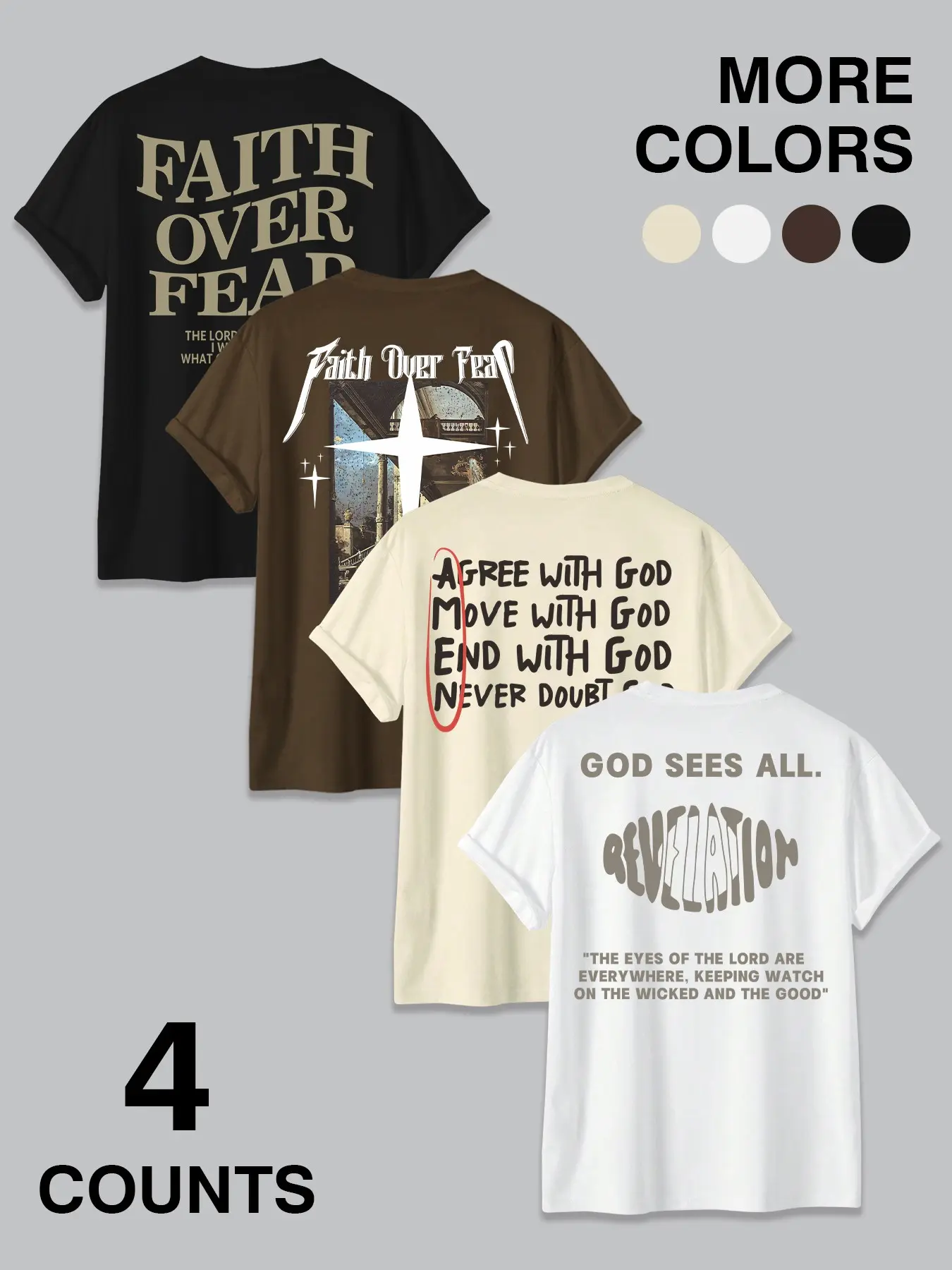 4-Pack "Faith Over Fear" Christian Casual Graphic Tees | Religious Streetwear Short Sleeve Tops Set