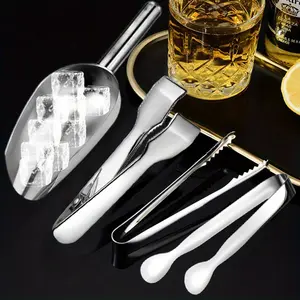 4 Pieces Ice Tongs and Scoops Stainless Steel Ice Cube Tong with Teeth Shovel Scoop Buffet Clip Candy Food Kitchen Serving Utensils Set for Cocktail Whiskey Tea Party (Silver)