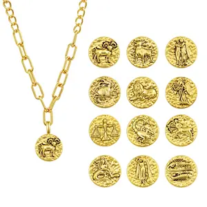 Aprilery Zodiac Necklace Collection – Twelve Constellations Pendant with Textured Coin Charm and Bold Link Chain, Adjustable Celestial Jewelry for Meaningful Everyday Elegance
