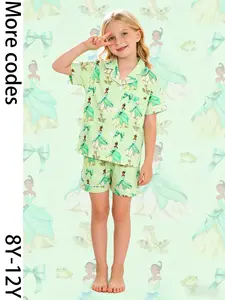 2-piece set of children's clothing with mint green base, full body bow, frog princess pattern short sleeved shorts, soft top, small pocket, elastic collar design, elastic waistband, Adjustable, daily casual sleepwear set, Pastel Cute Pajamas