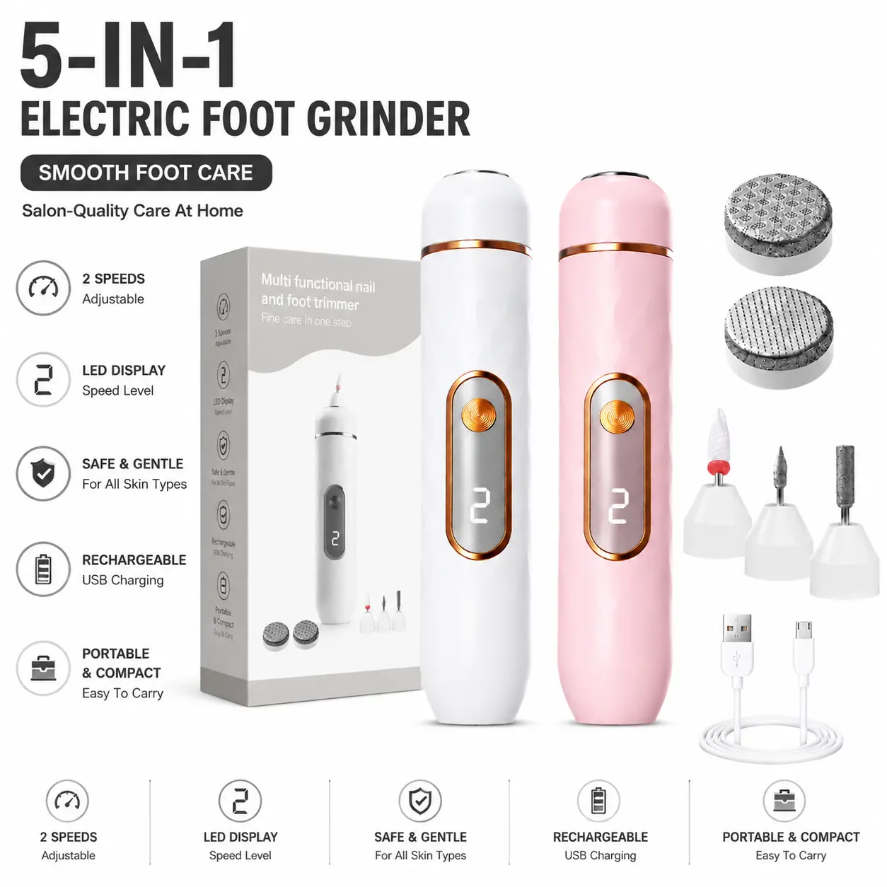 5-in-1 Electric Foot Grinder & Nail Trimmer, USB Rechargeable Pedicure & Manicure Kit with LED Display, 2-Speed Settings, Portable Callus Remover & Foot File for Home & Salon Foot & Nail Care