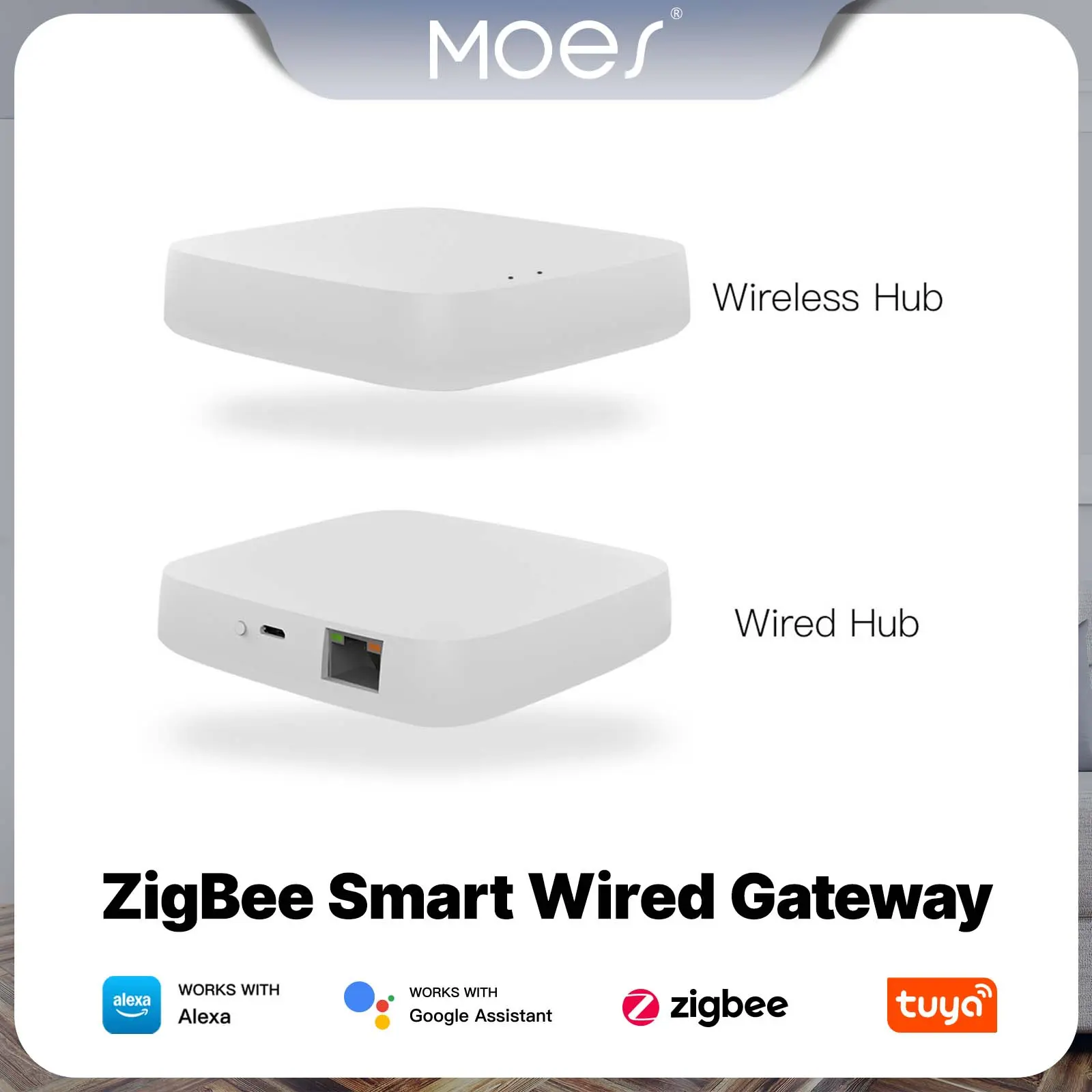 MOES Tuya ZigBee 3.0 Smart Home Hub - Wireless & Wired/Ethernet Gateway with Included USB Cable, Remote Access, App/Voice Control Bridge, Compatibility with Alexa & Tuya Devices for Security