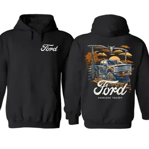 Ford American Tough Hoodie Western Sunset Truck Graphic with Longhorn Skull Gate Rugged Country Design for Pickup Lovers Ford Truck Fans Tee Sold Gifts For All Graphic Shirt for Men