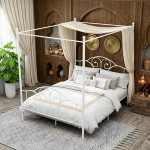 Four-Poster Metal Canopy Bed Frame with Headboard & Footboard, Sturdy Slatted Support, No Box Spring Required, Elegant Style Bedroom Furniture
