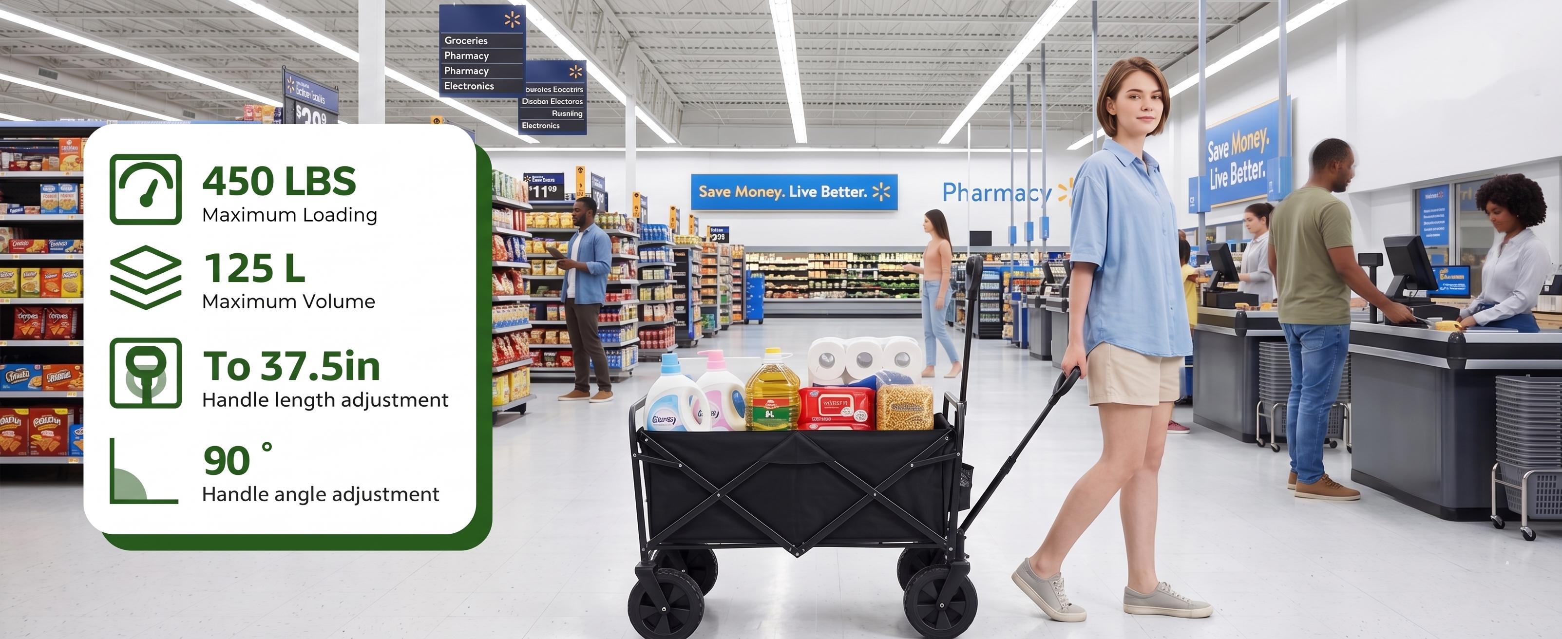 Heavy-Duty Folding Trolley Cart, Lightweight Adjustable Design for Camping & Soccer Fans, Waterproof Oxford, All-Terrain Tubeless Wheels with Brakes, 450 lbs Capacity, Mesh, Portable, Grocery Shopping Use