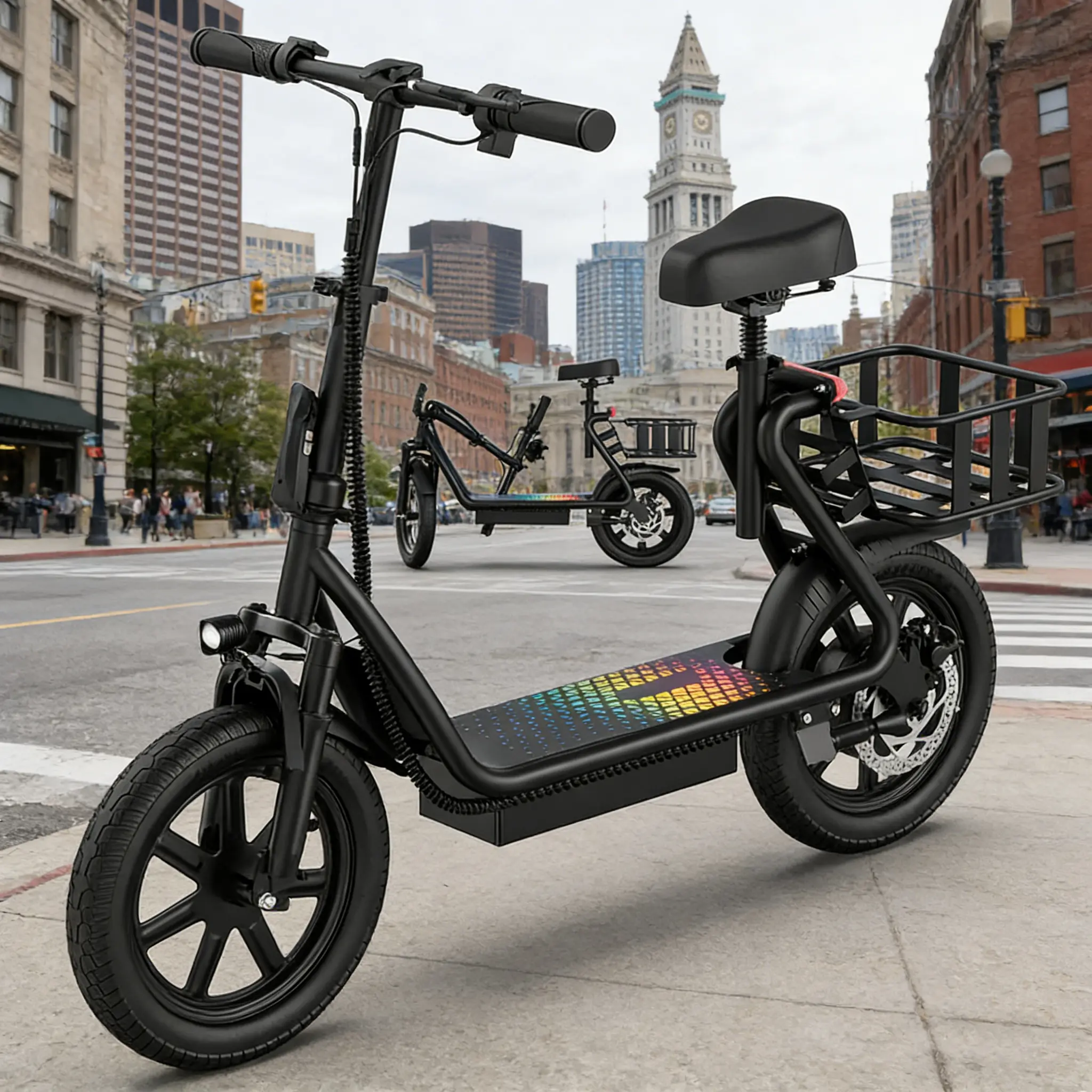 Electric Scooter for Adults with Seat,48V 10.4Ah Battery, Top Speed 22 mph, Driving Range 21-27 Miles, Pet-Friendly Design with Rear Basket.SummerWins,Father's Day Gife