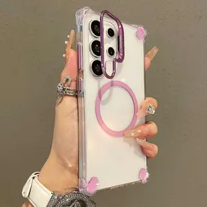 Magnetic transparent four corner shock-absorbing metal bracket integrated phone case, Protective, suitable for Samsung Galaxy S25 S24 S23 S22Ultra Plus A36/A56/A16/A26 magnetic matte bracket, ultra shock-absorbing camera ring bracket, heavy-duty shell