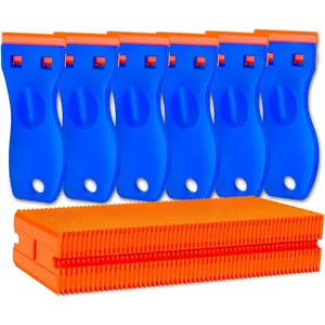 Plastic Razor Blade Scraper Tool, 6 Pcs Razor Scraper with 60 Pcs Plastic Blades, Cleaning Scraper Remover for Removal Floor Stove Scraping Labels and Decals Sticker on Car Window Glass