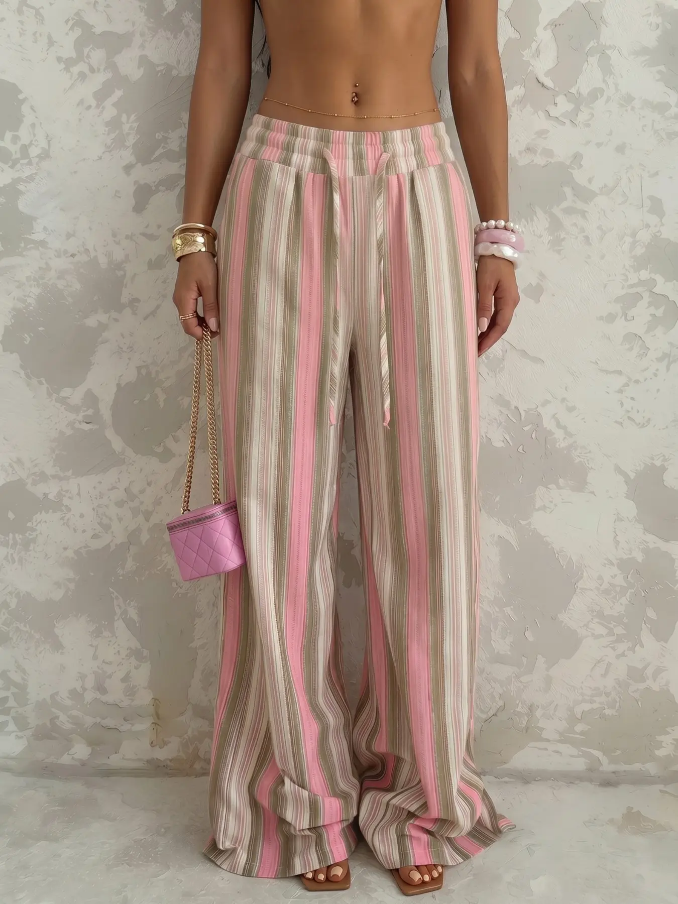 Pink & Green Striped Wide Leg, Bohemian Wide Leg, Casual Linen Blend Pants, Casual Bottoms, Drawstring Waist Beach Cover Up, Lightweight Breathable Summer Resort Wear, Coastal Boho Aesthetic for Poolside & Beach Days Womenswear Bottom