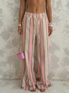 Pink & Green Striped Wide Leg, Casual Linen Blend Pants, Casual Fashion Bottoms, Drawstring Waist Beach Cover Up, Lightweight Breathable Summer Resort Wear, Coastal Boho Aesthetic Outfit Essential for Poolside & Beach Days Womenswear Bottom