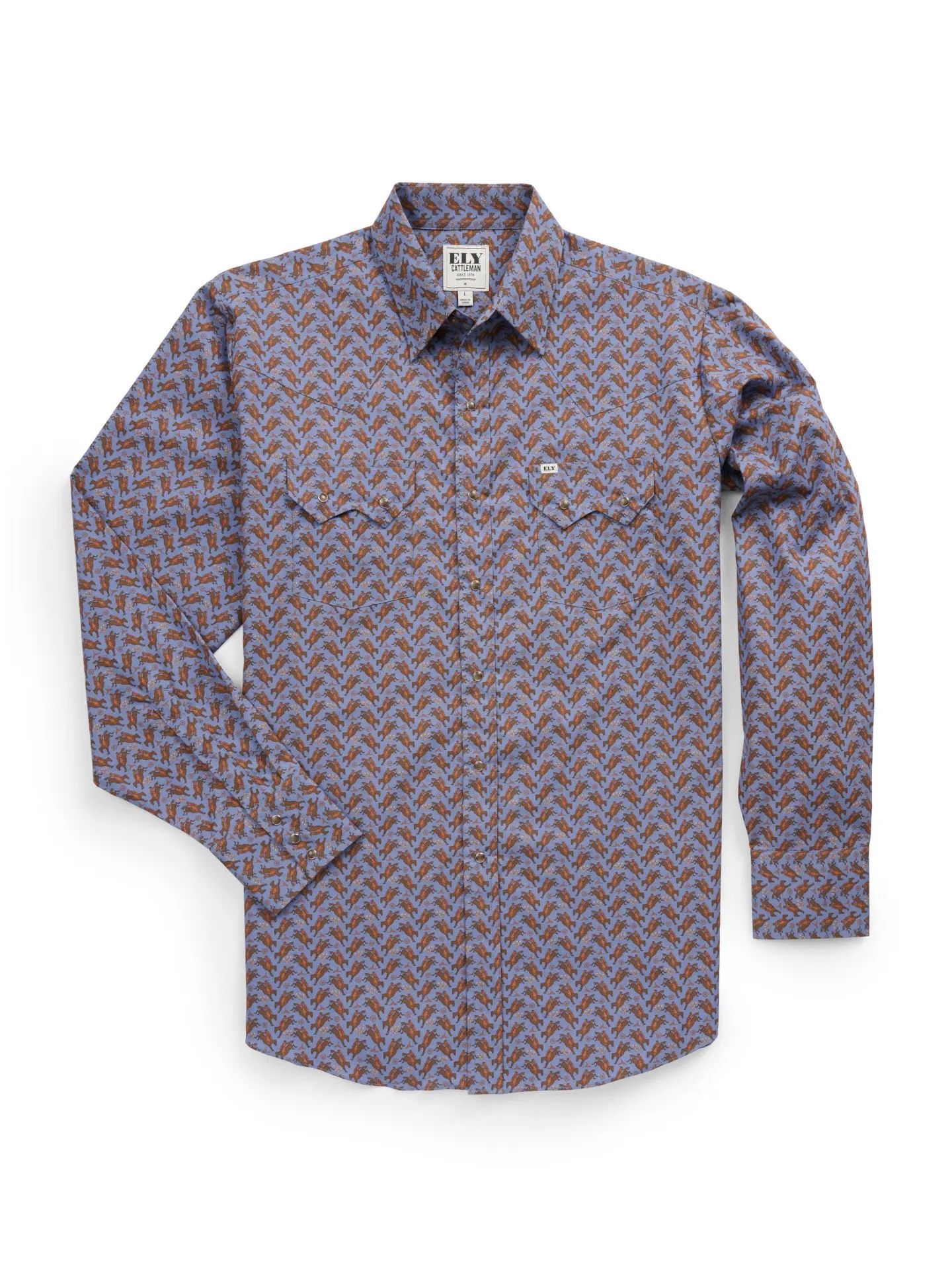 Men's Ely Cattleman Classic Casual Long Sleeve Cowboy Graphic Western Snap Shirt - Blue Denim, Country Western Style