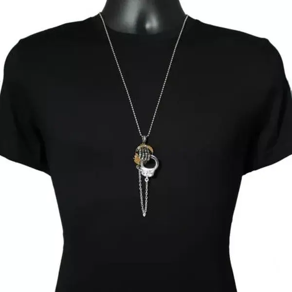 Handcuff Skeleton Hand S Pendant with 26" Chain Necklace for Men Kids Women