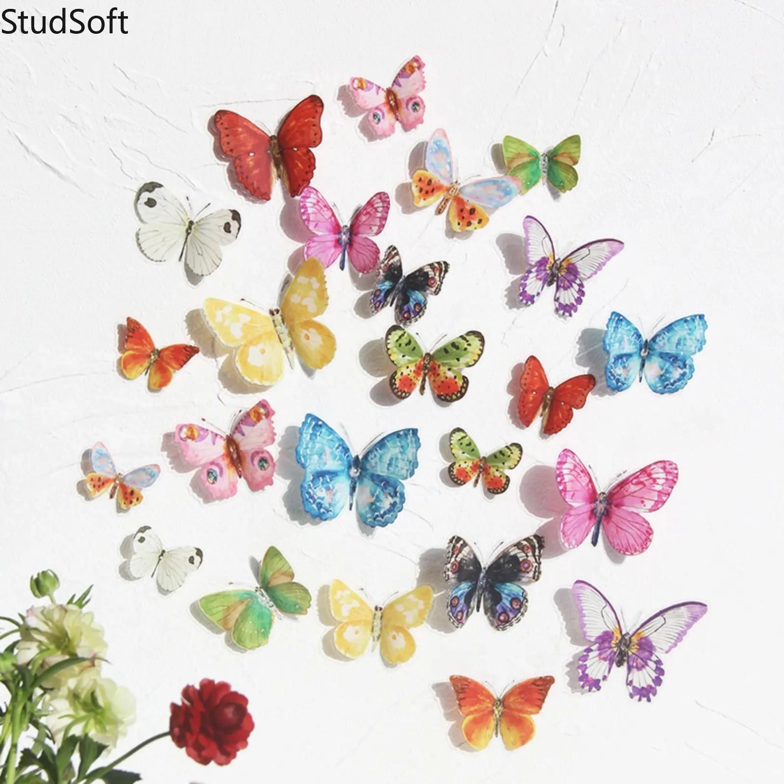 24-Piece Whimsical Watercolour Butterfly Adhesive Vinyl Wall Stickers - 3D Flower-Frame Shadow Design, 24 Butterfly Shadows Between Flowers, Decorative, Bag Accessory Compatible, Bedroom Decor, Renter-Friendly, Adhesive Decor, Butterfly Stickers