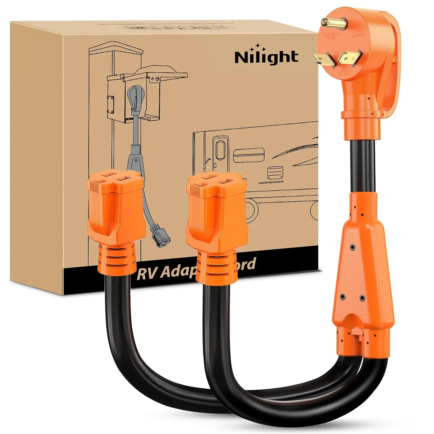 Nilight 30A to 15A RV Y-Splitter Power Adapter Cord, 30A NEMA TT-30P Male to 2x15A NEMA 5-15R Female Dual Plug-In Multi-Device Outdoor Multi-Outlet 2-Port Plugs, 110V Pure Copper STW 10 AWG Weatherproof Extension for RV Campers, Generators, Dual Plug-In P