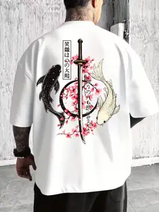 Men's Oversized "Koi & Katana" Graphic T-Shirt - Japanese Aesthetic Vibe, Black & White Koi, Cherry Blossom & Katana Print, Soft Relaxed Fit, Perfect for Streetwear, Casual Hangouts, Anime Conventions & Gift Giving, Bold Statement Tee for Japanese Culture