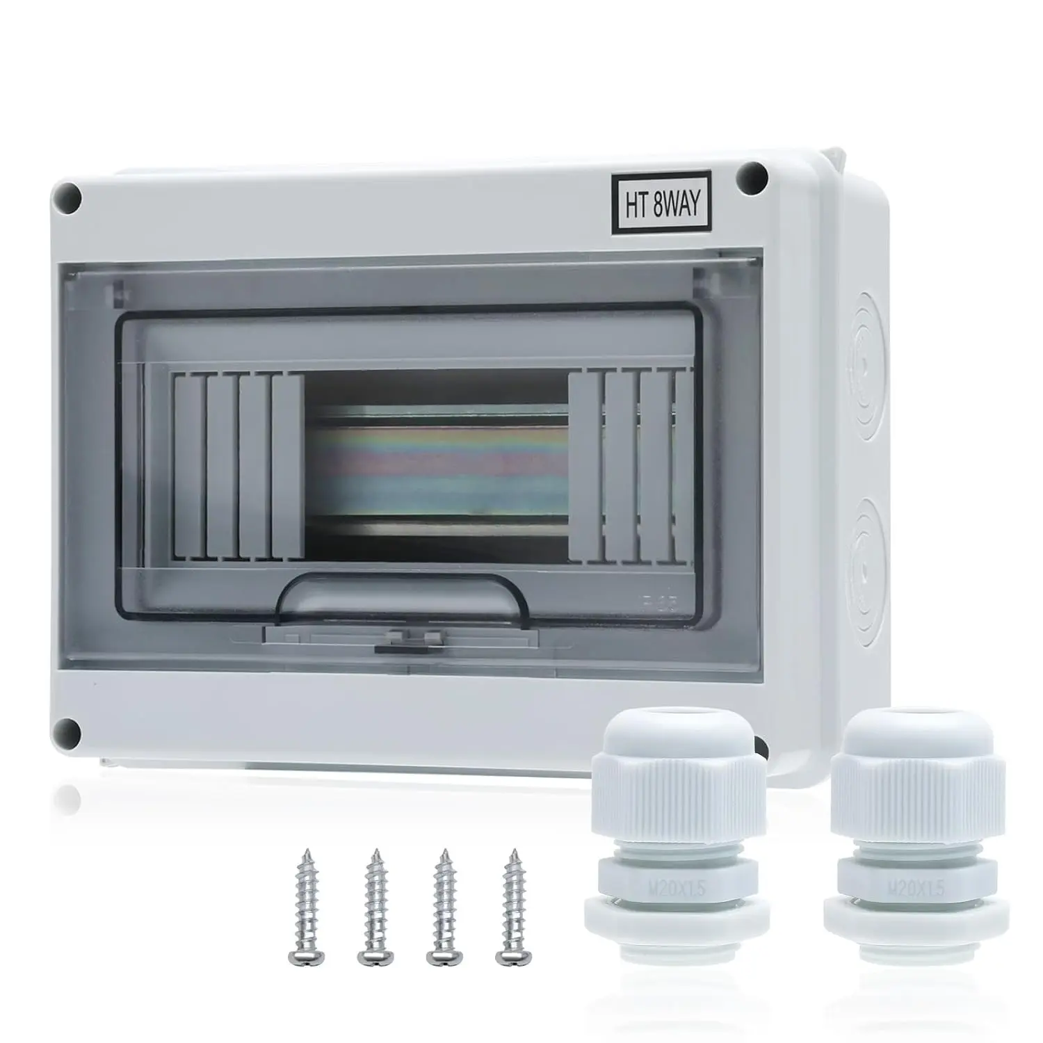 8 Way Distribution Protection Box, ABS/PC Alloy Plastic Transparent Cover Circuit Breaker Box IP66 Waterproof with DIN Rail and Waterproof Connector
