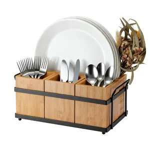 4-in-1 Bamboo Utensil Caddy Cutlery Holder - Portable Flatware Organizer, Napkin & Plate Storage with Iron Frame for Kitchen Accessories, BBQ & Camping