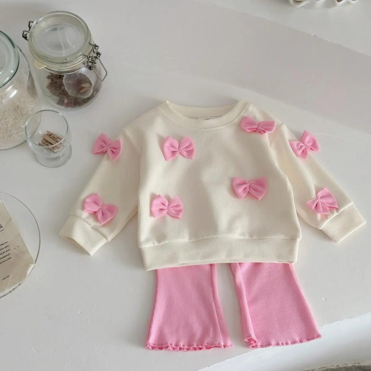 Baby Girls' Spring-Autumn 2-Piece Clothing Gift Set - Long Sleeve Crew Neck Warm Apricot Sweatshirt with 3D Bow, Soft Blush Pink Colorblock Flared Pants for Infants, Gift Sets, Soft Fabric, Sweet Look, Outfits, Pullover, Soft Fabrics