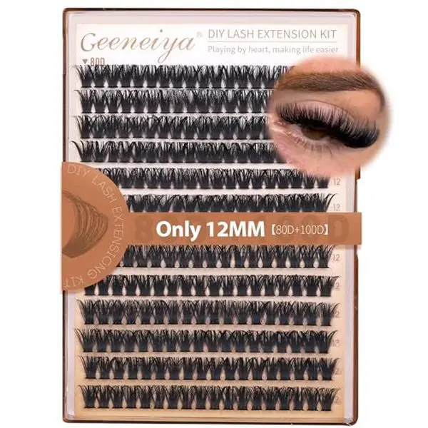 Geeneiya 12MM Volume Lash Clusters D Curl Cluster Eyelash Extensions Thick Cluster Lashes Only 12MM 80D+100D DIY Lash Extension Waterproof