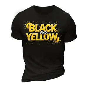 Men'S Black & Yellow Graphic T-Shirt - Bold Yellow Splash Design with Bear Silhouettes & Music Notes, Soft Breathable Crew Neck Short Sleeve Tee, Lightweight All-Season Casual Shirt for Music Fans, Parties, graphic tee men's t shirts Vintage Oversized
