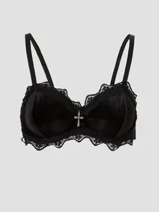Women's Sexy Velvet Lace Patchwork Bra, Comfortable Soft All-Day Fit, Fashion Design for Daily Wear, Everyday, Plain Style, Unlined Lace Bra