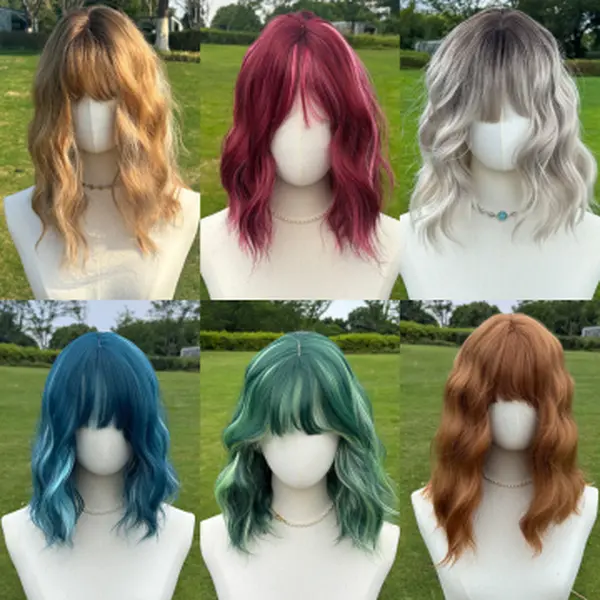 SMILCO 14Inch Ombre Brown to Orange Short Curly Bangs Bob Wig SM452 SM493 SM446 SM429 SM210-9 SM210-31 Heat-resistant Synthetic Fiber One Size Fits Most Adjustable Straps Versatile Trendy Style