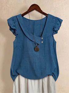 Women's Plus Size New Shirt Casual Simple Style Sleeveless Ruffle Asymmetrical Neck Blouse, Loose-Fitting Summer Top