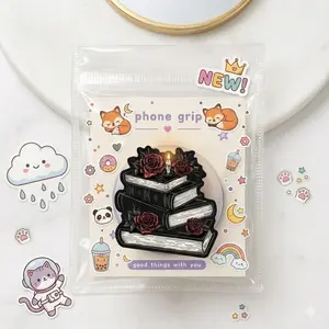 Dark Aesthetic Phone Grip – Black Book Stack with Roses and Candle, Trendy Kawaii Accessory for Teen Phones