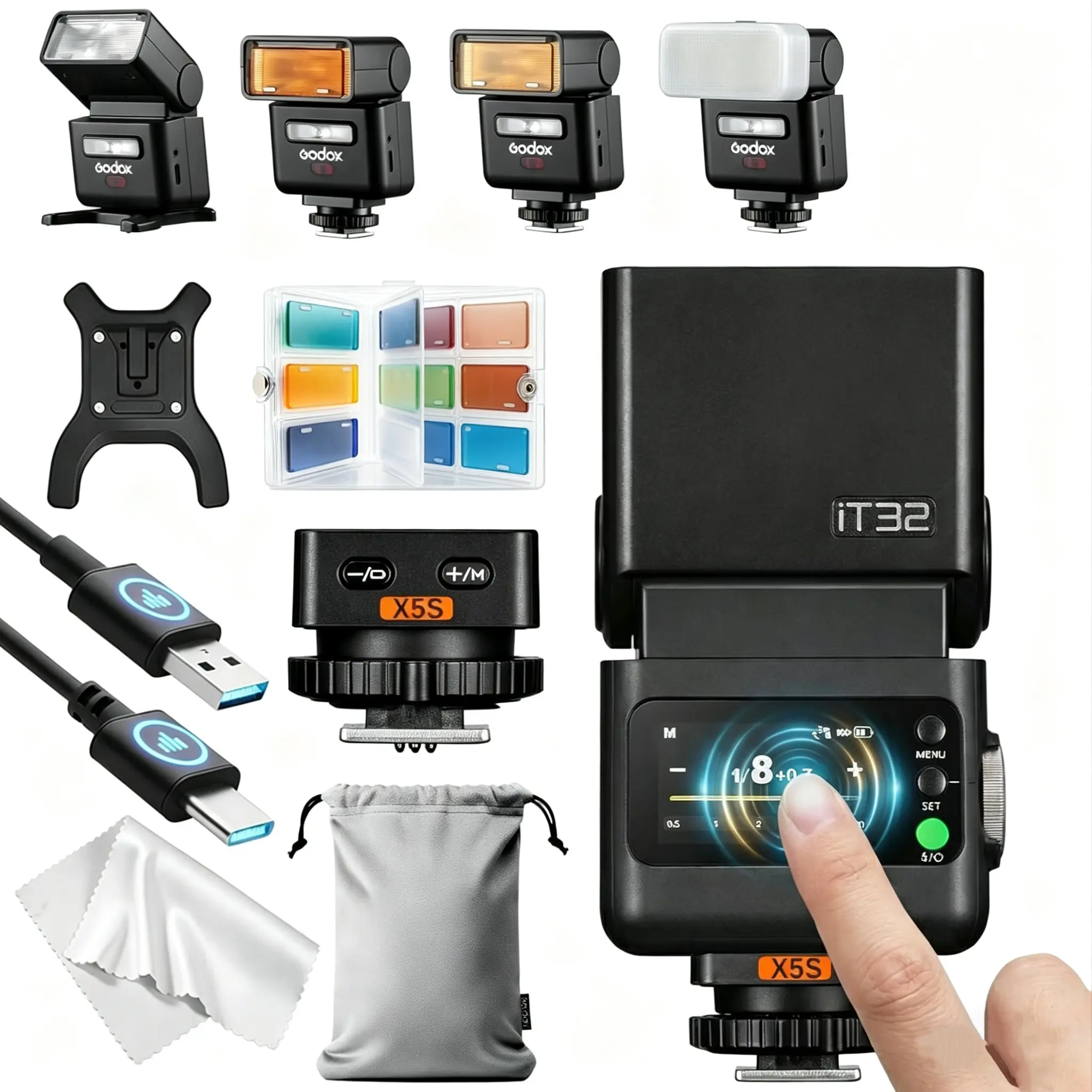 Godox iT32 Mini Flash System with X5 TTL Module, MA02 Magnetic Accessories Kit, 100mAh Wireless Unit, Color Filters, Storage Case, Plastic-Metal Build, Compatible with Canon Sony Nikon Fujifilm Olympus Panasonic Leica Cameras