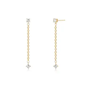 Fettero Earrings Gold Stud Chain Cubic Zirconia Dangle Drop 248