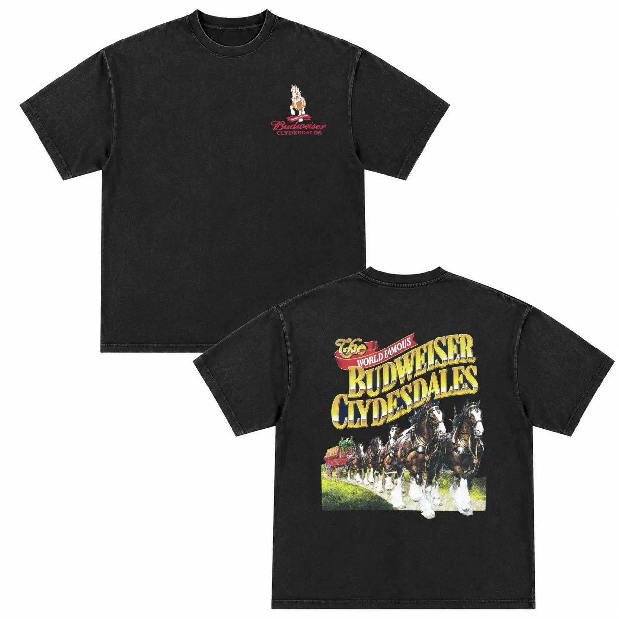 World Famous Bud Clydesdales Vintage Graphic T-Shirt, Retro Beer Horse Tee, Classic Brewery Shirt, Bud Wagon Graphic Tee, Beer Lover Gift, Washed Black Oversized Shirt, Menswear & Underwear - Men's Tops - T-shirts - Men's Short-sleeve T-shirts