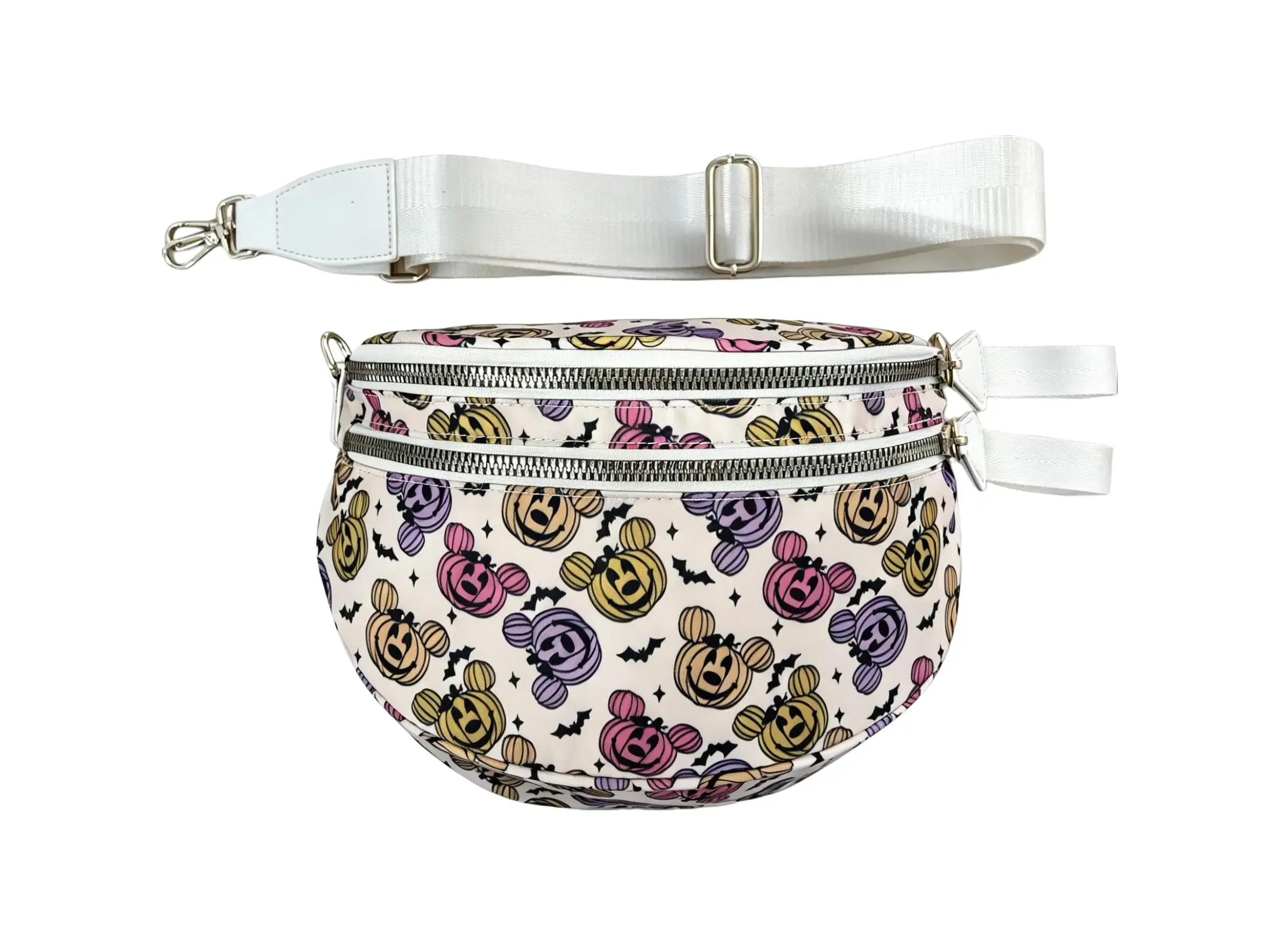 Women Halloween Mickey Pumpkin Print Crescent Crossbody Fanny Pack, Lightweight Nylon Sling Chest Bag with Detachable Wide White Strap & Clear Acrylic Chain, Multi Pocket Waist Purse for Travel Daily Use
