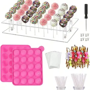 Oaoleer 302 Pcs Cake Pop Maker Kit, Cake Pop Baking Mold With 1 Acrylic Lollipop Holder,1 Silicone Mold Set,100 Pcs Clear Bags,100 Pcs Treat Sticks,100 Pcs Gold Bow Ties Valentines