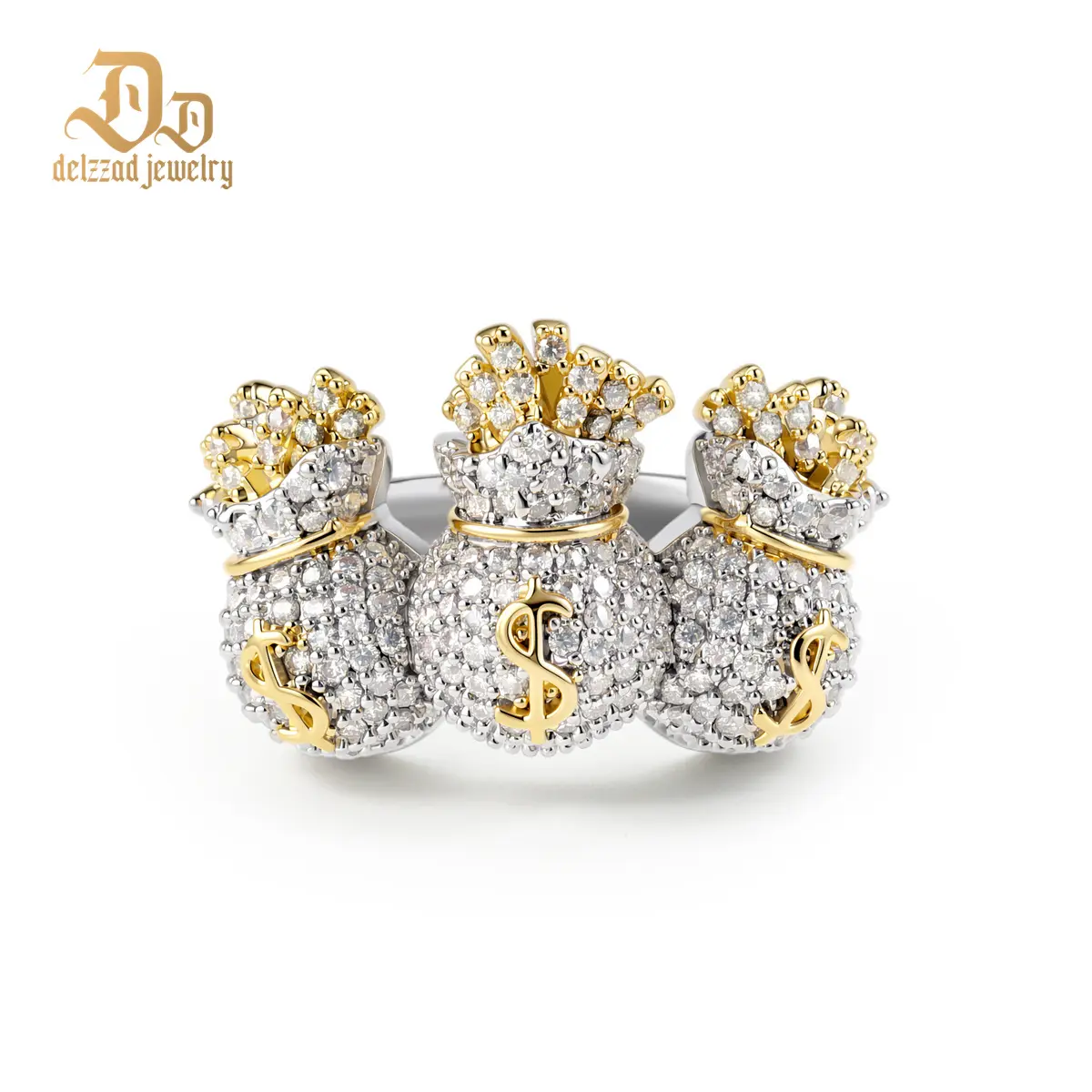Delzzad Opulent Trio Ring Gilded Satchel Band Hip Hop Iced Out USD Bag Pinky Ring VVS Synthetic Moissanite Ring Jewelry Copper Band Perfect Birthday Engagement Wedding Anniversary Christmas Valentine's Day Mother's Day Gift