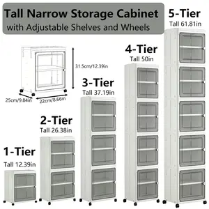 Foldable Storage Organizer Cabinet Slim Narrow Design Magnetic Door Universal Wheels Dustproof Multilayer for Bathroom Laundry Kitchen Bedroom