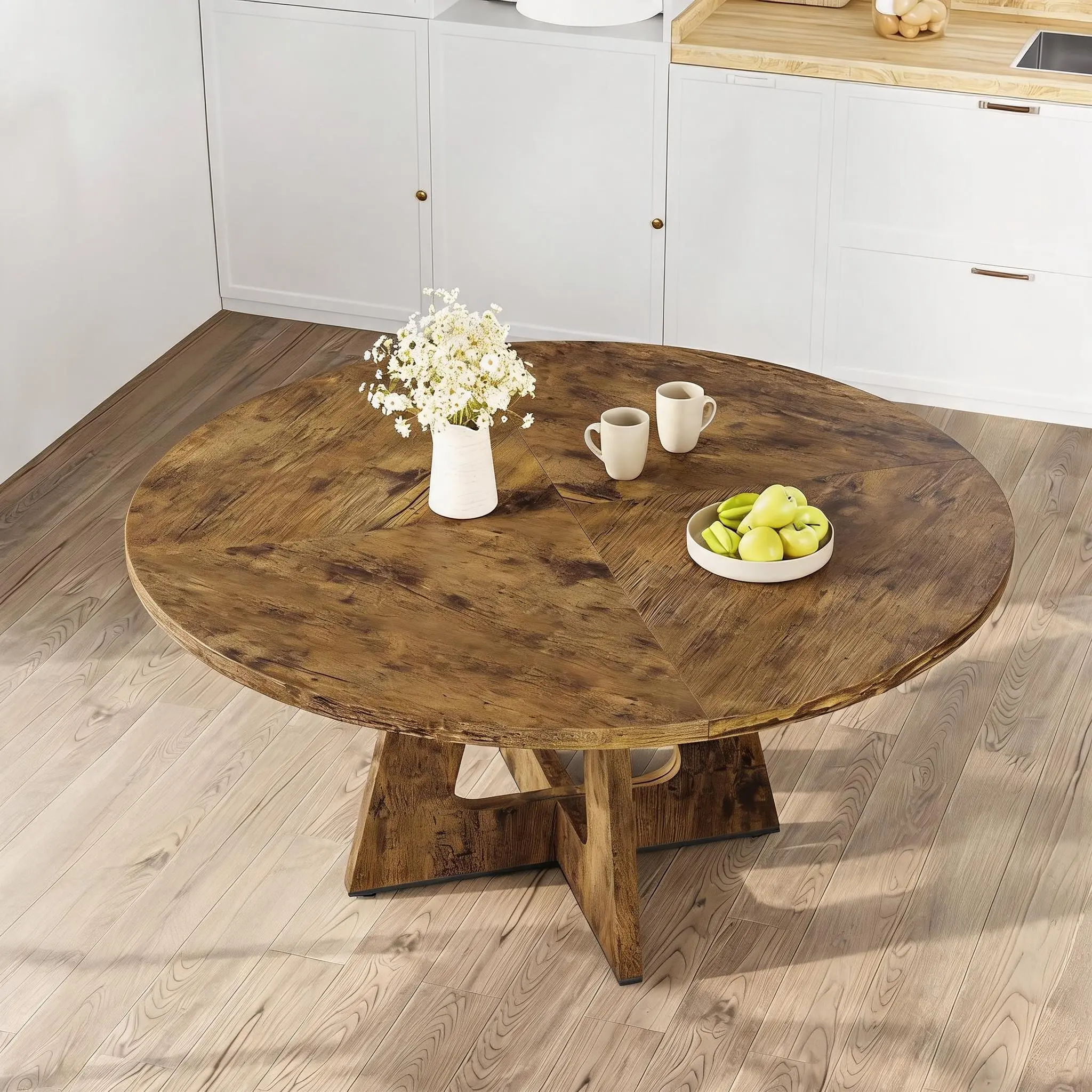 47 Inch Round Farmhouse Solid Wood Dining Table, Single Pedestal Rustic Modern Kitchen Dinner Table Only, Seats 4-6 for Dining Living Room