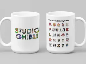 Studio Ghibli Classic Colorful Printed Ceramic Mug - Totoro, No-Face, Calcifer Anime Alphabet Drinkware, 11oz & 15oz Accent Cup for Coffee, Tea, Reusable, Washable, Perfect Gift for Ghibli Fans