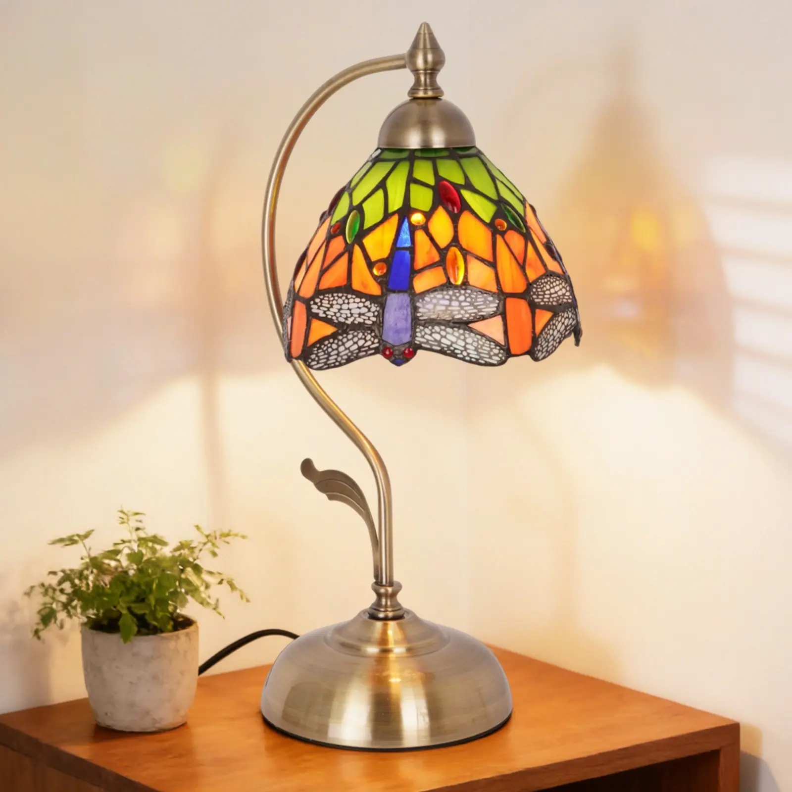 Tiffany Style Dragonfly Stained Glass Table Lamp 7.5 Inch Vintage Accent Night Light With Bronze Iron Base Bulb Not Included