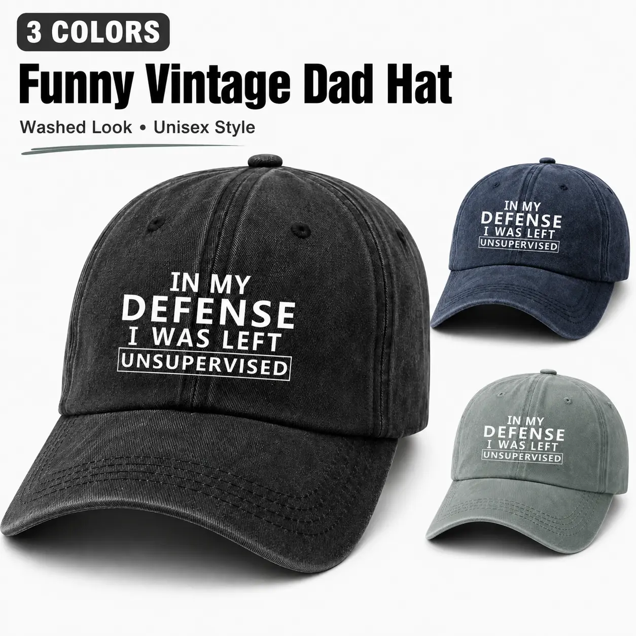 Unisex Vintage Washed Cotton Baseball Cap - Funny Graphic Humor Design, Curve Brim, Plain Print, Adjustable, "In My Defense I Was Left Unsupervised" Sarcastic Gag Gift for Men-Women