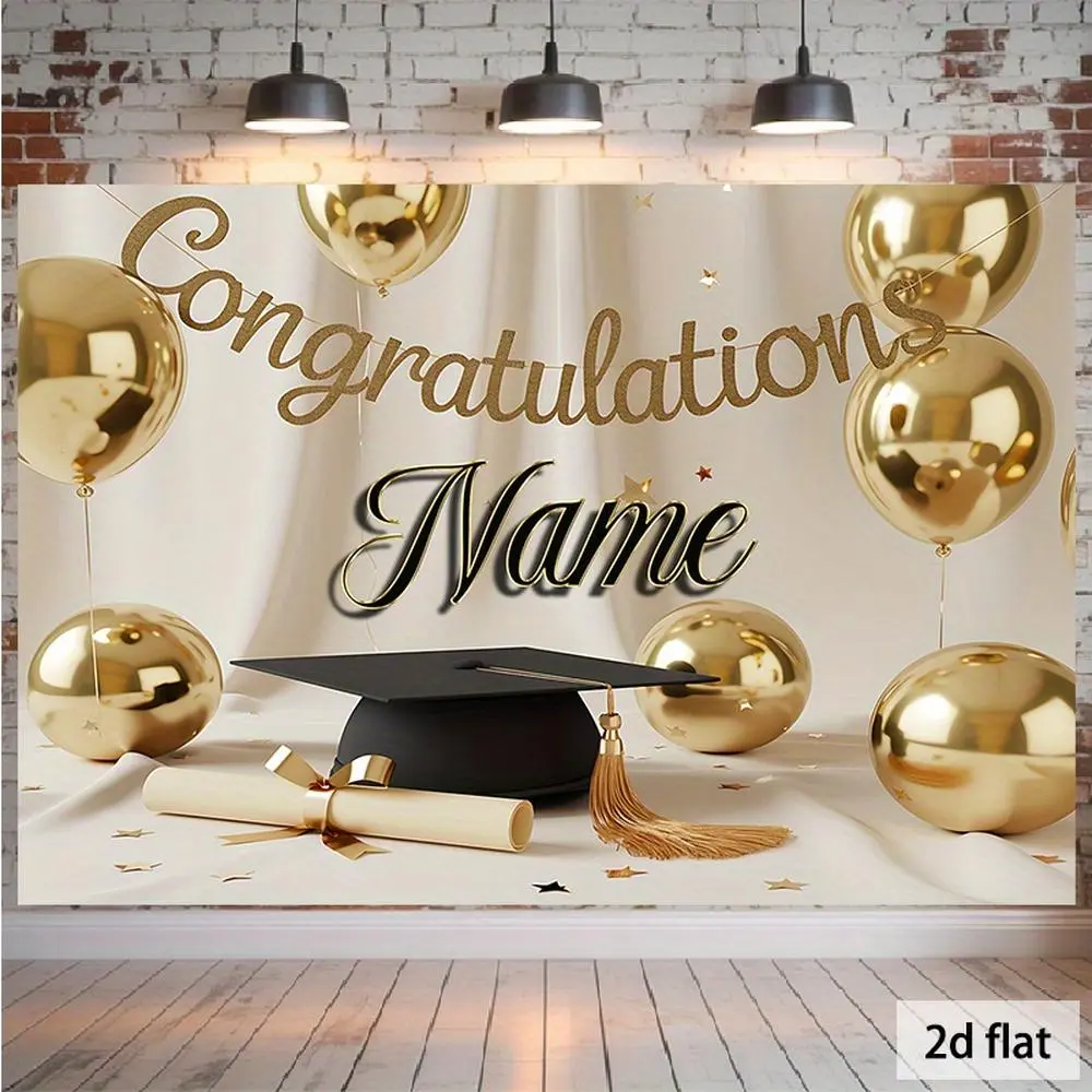 1PC Custom Name 2D Flat Graduation Backdrop Banners - Party Decoration with Golden Balloons, Bachelor Cap & Diploma Elements, Ideal for Graduation Celebration Events