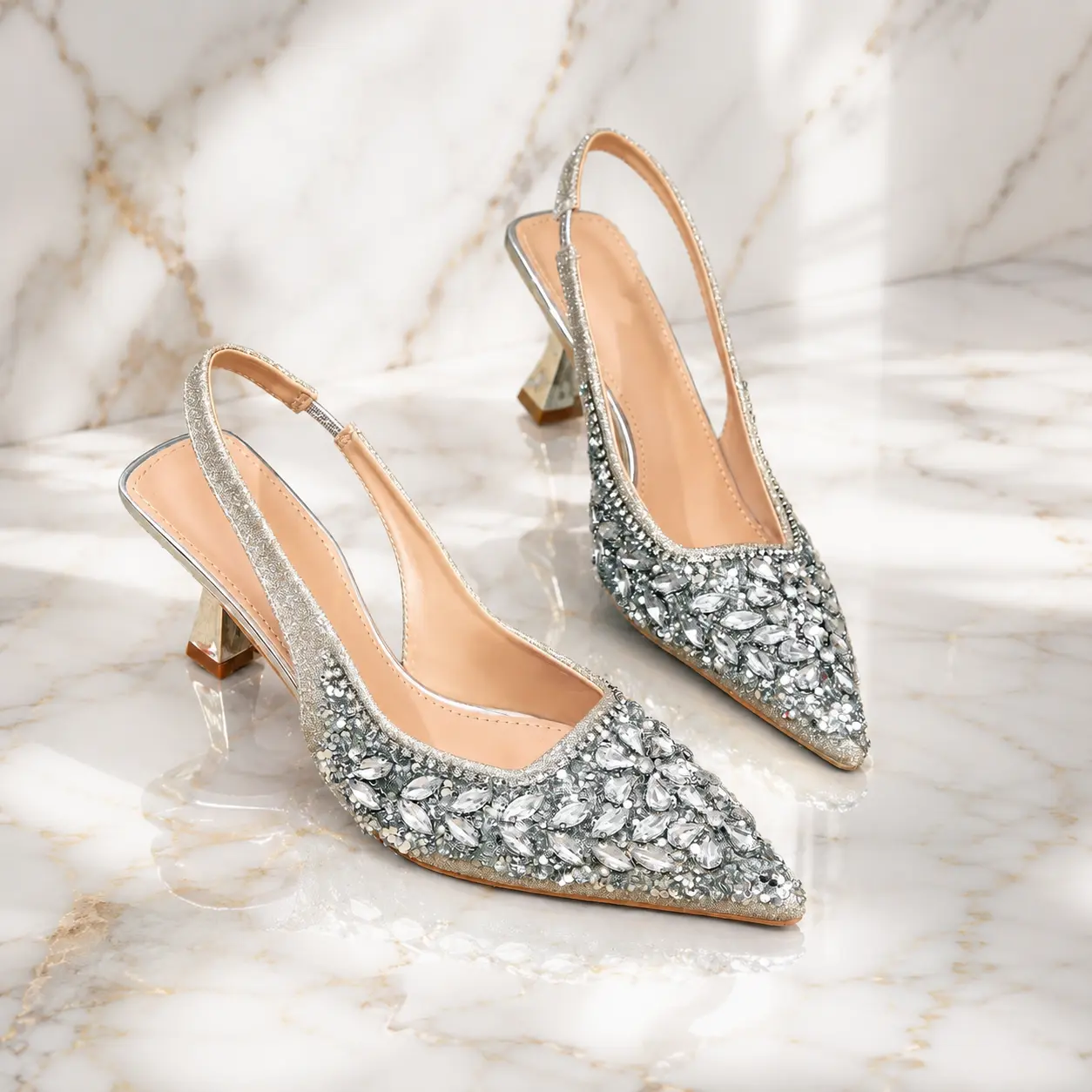 Women's Elegant Slingback Kitten Heels Pumps - Diamond Buckle, Pearls, Sequins, Pointed Toe Romantic Heels for Party, Wedding US Size 10 Silver, Champagne Gold, Gold Footwear Shimmering Champagne Gold Shimmering Shoe heels for women platform heels