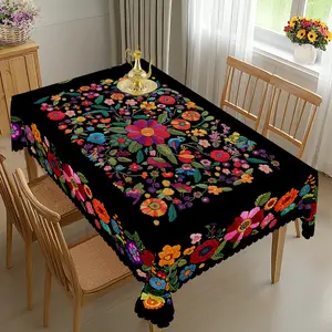PLUMLIK Vibrant Mexican Flower 3D Effect Printed Tablecloth, Bright Ethnic Style Floral Round Rectangular Table Cover, Indoor Outdoor Home Decor, Holiday Gatherings Wedding Birthday Party Decoration, Daily Dorm Kitchen Restaurant Table Decor
