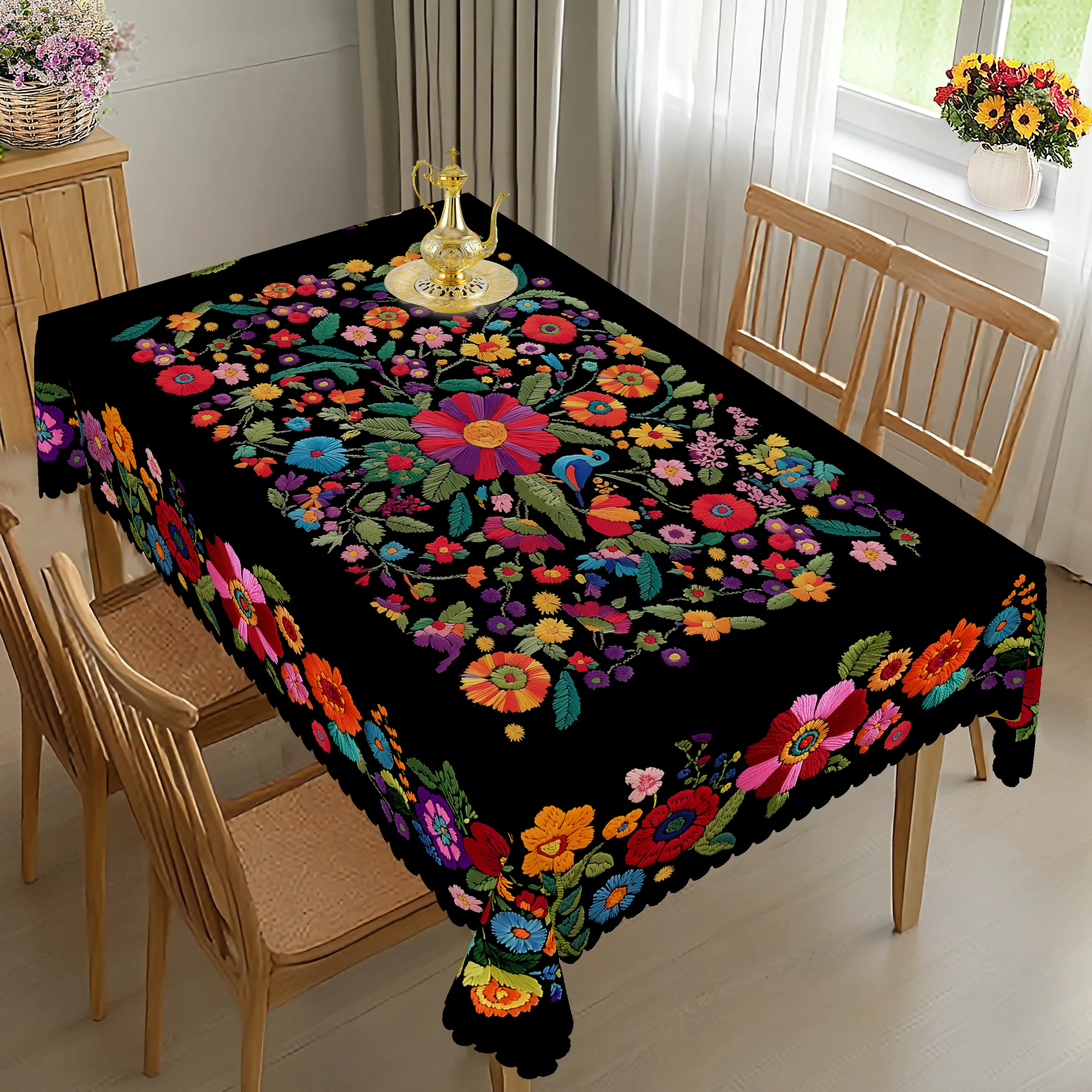 PLUMLIK Self-Adhesive Polyester Mexican Flowers 3D Printed Tablecloth - Bright Ethnic Style, Multi-Size Round/Rectangle Cover for Home Decor, Birthday Gatherings, Restaurant Use
