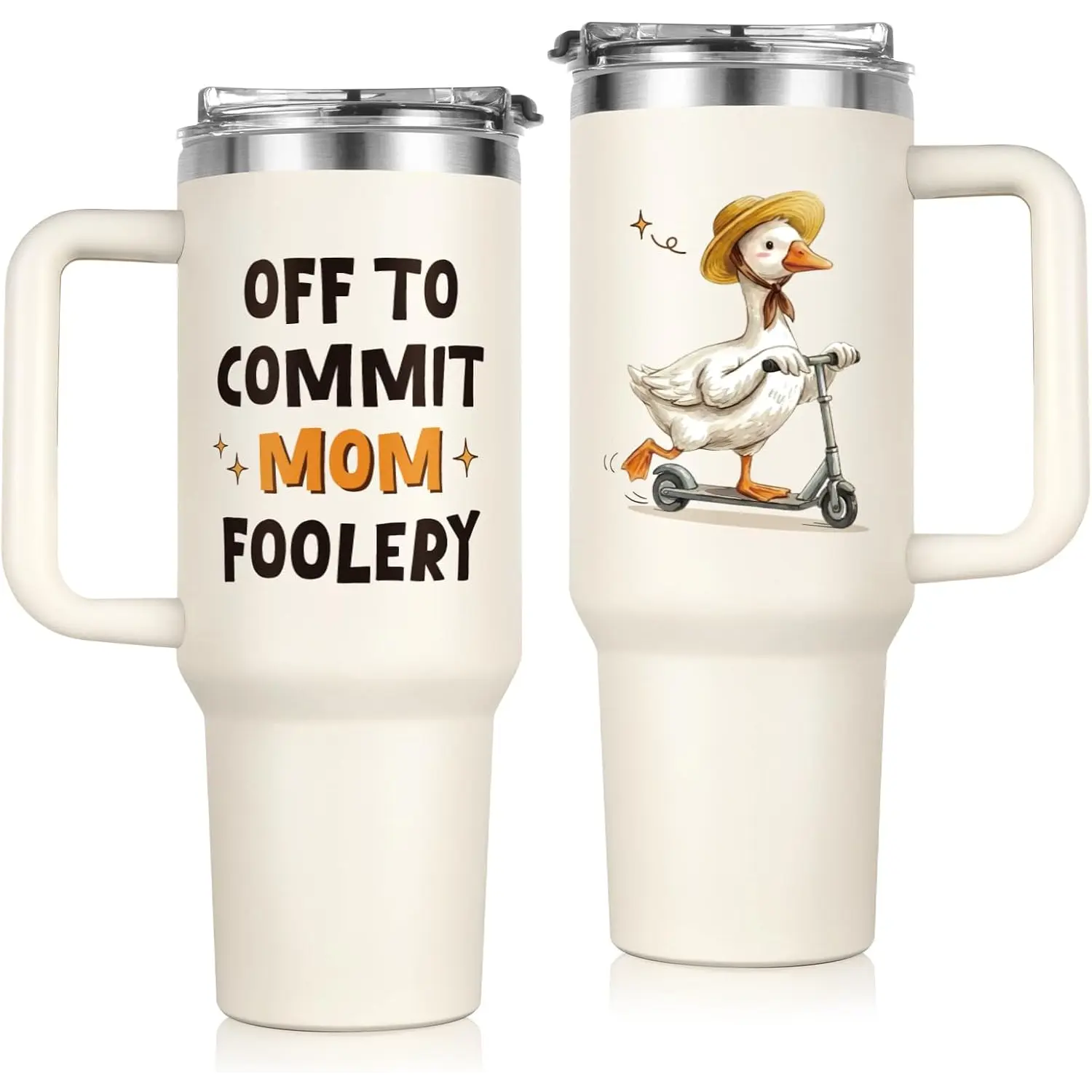 Funny Mom Gifts, 40oz Tumbler with Handle, Off To Commit Mom Foolery Travel Mug, Large Capacity Travel Coffee Mug with Leak-Proof Lid,Stainless Steel Iced Coffee Cup for Women, Mom, Wife, Gifts for Birthday, Mother's Day, Christmas