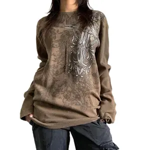 Women'sVintageTopsGothicLongSleeveRoundNeckCrossPrintLooseT-ShirtsStreetwearGrungeTops