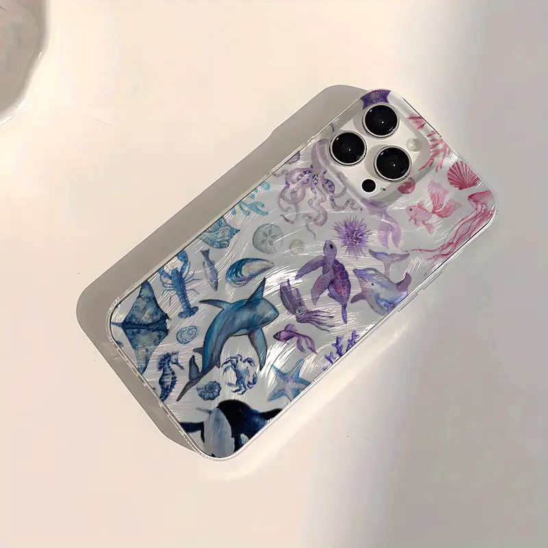 Aesthetic purple-blue gradient ocean element pattern, waterproof and scratch-resistant, transparent IMD soft glossy smooth surface, suitable for iPhone 17/16/15/14/13/12/11/X/XS/XSMAX, an ideal holiday gift for friends, family, and yourself, Cover, Access