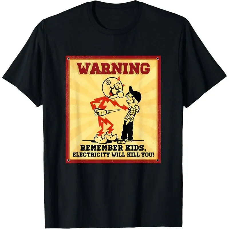 Men’s Cotton Streetwear T-Shirt - Funny Electrician Slogan Warning Graphic, Stylish Seamless Short-Sleeve Garment for Tradesman Humor Casual Wear, Shortsleeve
